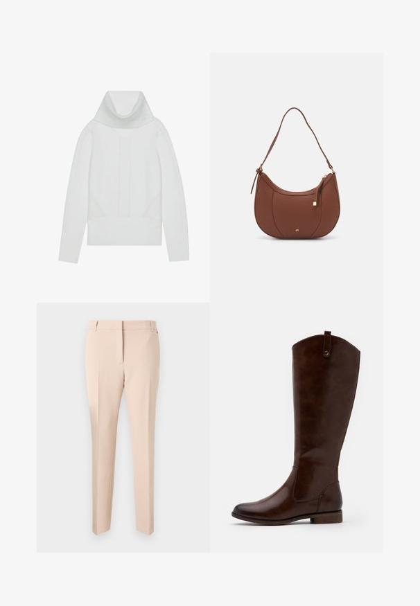 Witte gebreide trui met een hoge geribde col, textuurpaneel en geribde manchetten en zoom. Zacht wolmengsel.; Beige op maat gemaakte broek met een platte voorkant, riemlussen, twee zijzakken en een recht gesneden ontwerp. Gladde stoftextuur en minimale details.; Bruine kniehoge laarzen van soepel leer, met een ronde neus, lage gestapelde hak en een subtiel stikselpatroon langs de zijkanten.; Bruine faux leren schoudertas met een gebogen vorm, minimale stiksels en een gouden hardware-accent. Voorzien van een bovenste ritsluiting en een verstelbare schouderband.