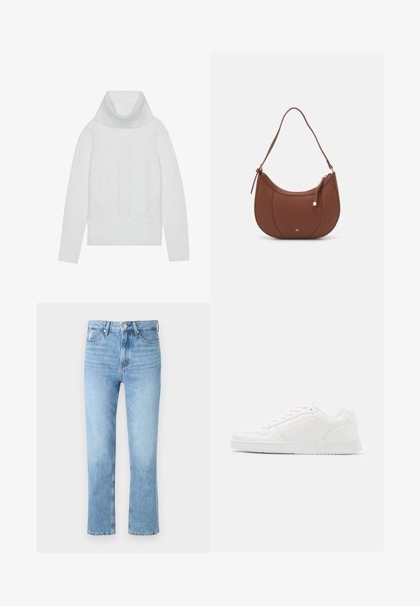 Suéter branco de malha com um alto colarinho canelado, painéis texturizados e punhos e barra canelados. Material macio de mistura de lã.; Jeans de denim azul claro com um corte de cintura alta, pernas retas, desbotamento subtil e fecho de correr com um botão metálico na cintura.; Sapatilha branca feita de material sintético liso, com bico arredondado, design de atacador, sola plana e detalhes perfurados subtis.; Mala de ombro em pele sintética castanha com forma curva, costura minimalista e detalhe em metal dourado. Apresenta fecho de zíper no topo e alça ajustável.