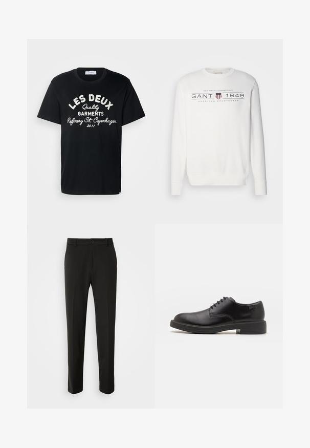 Valkoinen huppari, jossa on pitkät hihat, pyöreä kaula-aukko ja ribbaatut hihansuut. Sisältää tekstin "GANT 1949" ja logon tummansinisellä ja punaisella.; Les Deux BARRY - Printtipaita - black; Mustat housut, jotka on valmistettu sileästä kankaasta, suoriin lahkeisiin, nappikiinnitykseen ja klassiseen muotoiluun, sopivat muodollisiin tai vapaa-ajan asuihin.; Mustat nahkasaappaat, joissa on pyöreä kärki, sileä pinta, minimaalinen ommel ja matala kumipohja. Logo kannassa.
