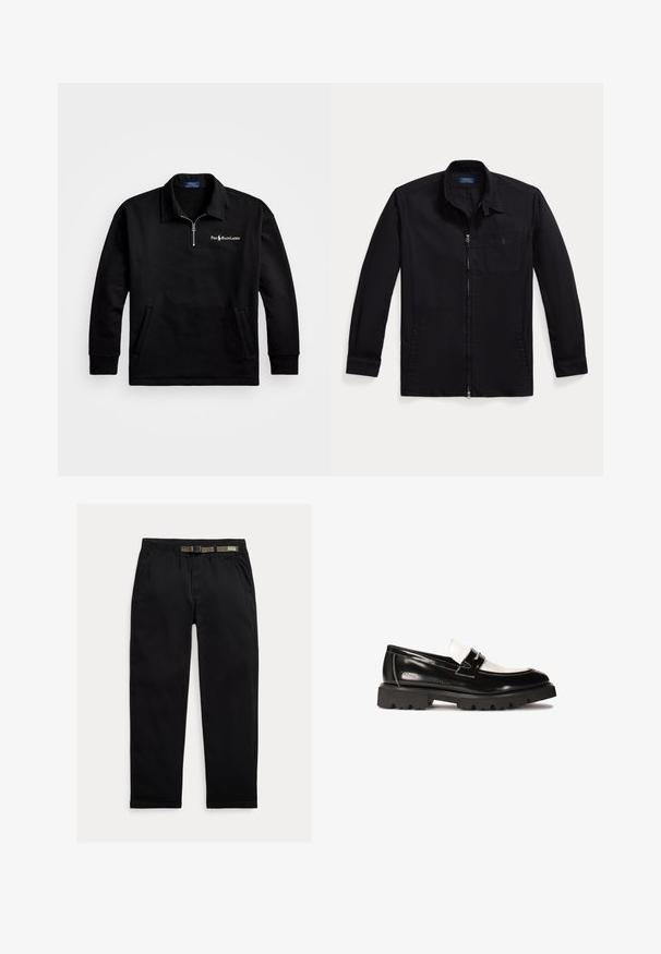 Pulover negru cu guler cu fermoar pe un sfert, mâneci lungi și buzunare laterale. Are un logo brodat „Polo Ralph Lauren” pe piept.; Jachetă neagră din material ușor, cu fermoar în față, guler tip point și buzunar pe piept stâng cu logo. Mâneci lungi cu detalii la manșetă.; Pantaloni negri dintr-un material ușor, cu un talie elastică și o curea verde integrată, croi drept și buzunare laterale.; Mocasini din piele patent neagră cu un accent din piele albă, talpă groasă din cauciuc negru cu crampoane și detalii cusute. Textură netedă cu un finisaj lucios.