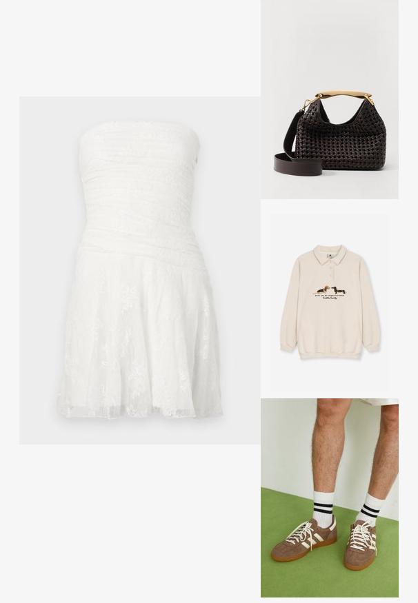 Kaotiko CREW PUPPIES UNISEX - Polo - beige; Vestido branco sem alças com corpete franzido, detalhes em renda e saia com evasê. Feito de um tecido leve com acabamento texturizado.; Sapatilhas de camurça castanha com detalhes e atacadores brancos. Sola de borracha color de caramelo. Usadas com meias brancas com riscas pretas. Piso texturizado verde.; Elleme BOOMERANG WOVEN - Mala de mão - brown