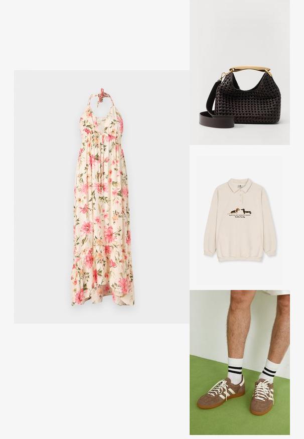 Kaotiko CREW PUPPIES UNISEX - Pikeepaita - beige; Kukka-aiheinen maksimekko vaaleancremessä, jossa on vaaleanpunaisia ja vihreitä kukkakuviota. Mekossa on olkaimeton kaula-aukko ja kerroksellinen helma, joka luo ilmavan siluetin.; Ruske nahkate sneakerit valkoisilla korostuksilla ja nauhoilla. Kumi-gumipohja. Yhdistetty valkoisiin sukkiin, joissa on mustia raitoja. Vihreä teksturoitu lattia.; Elleme BOOMERANG WOVEN - Käsilaukku - brown