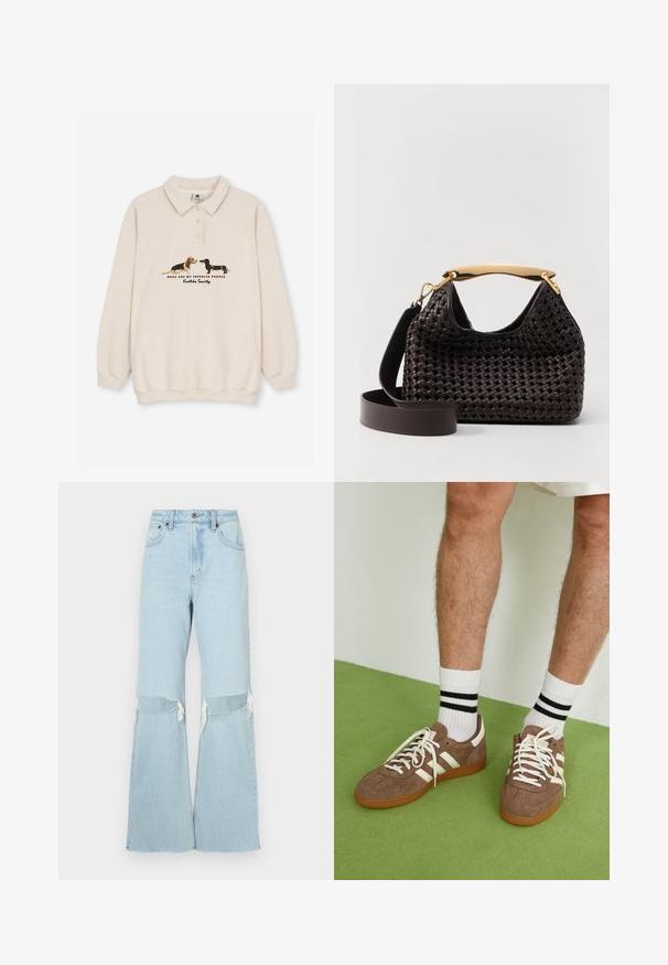 Kaotiko CREW PUPPIES UNISEX - Polo majica - beige; Svetlo modri široki jeans s raztrganinami na kolenih, postrani razfrklanimi robovi in visokim pasom. Ima sprednje zapiranje z gumbom in zadrgo ter klasičen pet-pocket dizajn.; Rjavi semiš športni čevlji z belimi detajli in vezalkami. Gumijast podplat. Nošeni z belimi nogavicami z črnimi črtami. Zelena teksturirana talna obloga.; Elleme BOOMERANG WOVEN - Torbica - brown