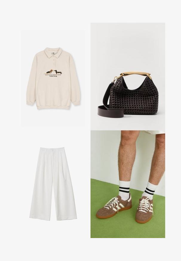 Kaotiko UNISEX mleczny; Białe szerokie spodnie z miękkiego materiału, z plisowanym przodem i zapięciem na guzik. Odpowiednie zarówno na codzienne, jak i formalne okazje.; Brązowe zamszowe sneakersy z białymi akcentami i sznurówkami. Gumowa, brązowa podeszwa. Noszone z białymi skarpetkami w czarne paski. Zielona teksturowana podłoga.; Elleme - Torebka