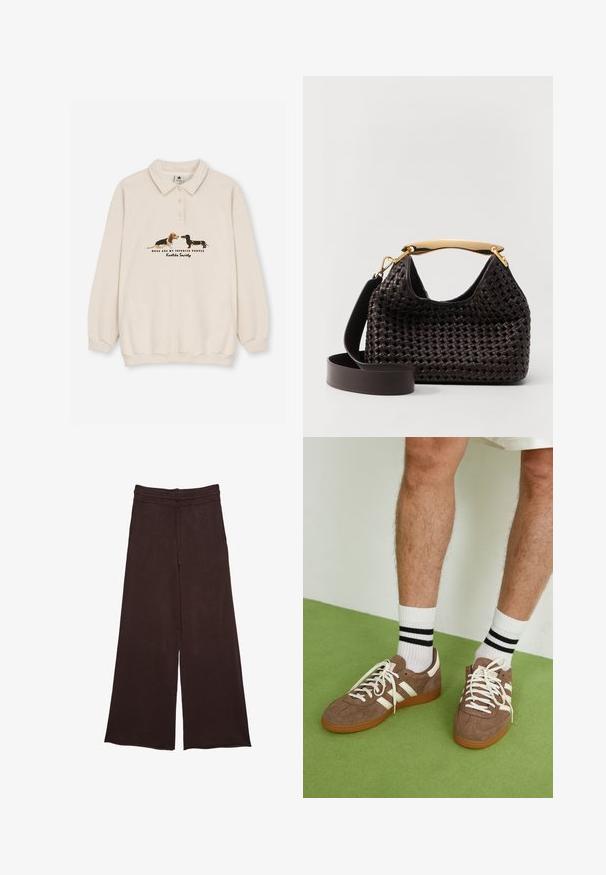 Kaotiko CREW PUPPIES UNISEX - Polo - beige; Pantaloni larghi marroni realizzati in tessuto morbido, con vita elastica e cordino di regolazione, e una superficie texturizzata per un tocco di dettaglio in più.; Sneaker in suede marrone con dettagli e lacci bianchi. Suola in gomma color gomma. Indossati con calzini bianchi con righe nere. Pavimento verde texturizzato.; Elleme BOOMERANG WOVEN - Borsa a mano - brown