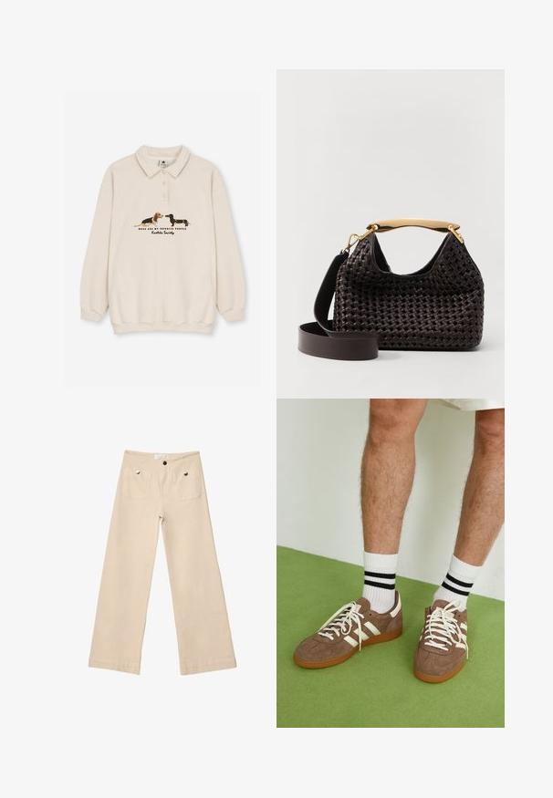 Kaotiko CREW PUPPIES UNISEX - Polo - beige; Pantalons larges beiges en coton doux, dotés de deux poches avant avec des éléments en métal argenté, coupe droite et ourlets soigneusement finis.; Baskets en daim marron avec des accents et des lacets blancs. Semelle en caoutchouc gomme. Portées avec des chaussettes blanches à rayures noires. Sol texturé vert.; Elleme BOOMERANG WOVEN - Sac à main - brown