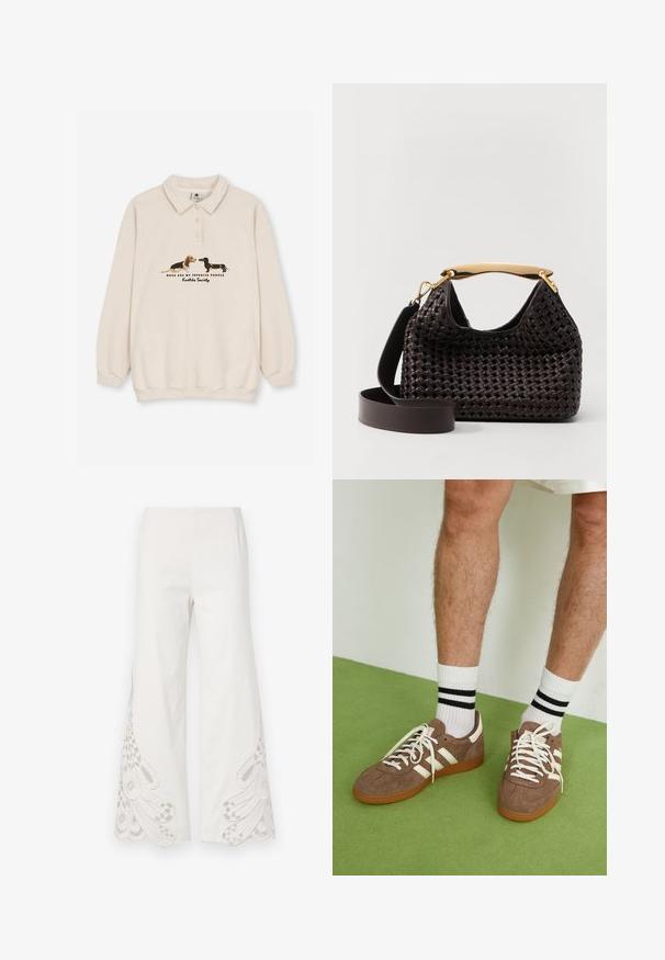 Kaotiko CREW PUPPIES UNISEX - Poloshirt - beige; Wijd uitgesneden broeken van witte stof met complexe beige borduurpatronen en schulpafwerkingen aan de onderkant van de benen.; Bruine suède sneakers met witte accenten en veters. Rubberen gumzool. Draag met witte sokken met zwarte strepen. Groene gestructureerde vloer.; Elleme BOOMERANG WOVEN - Handtas - brown