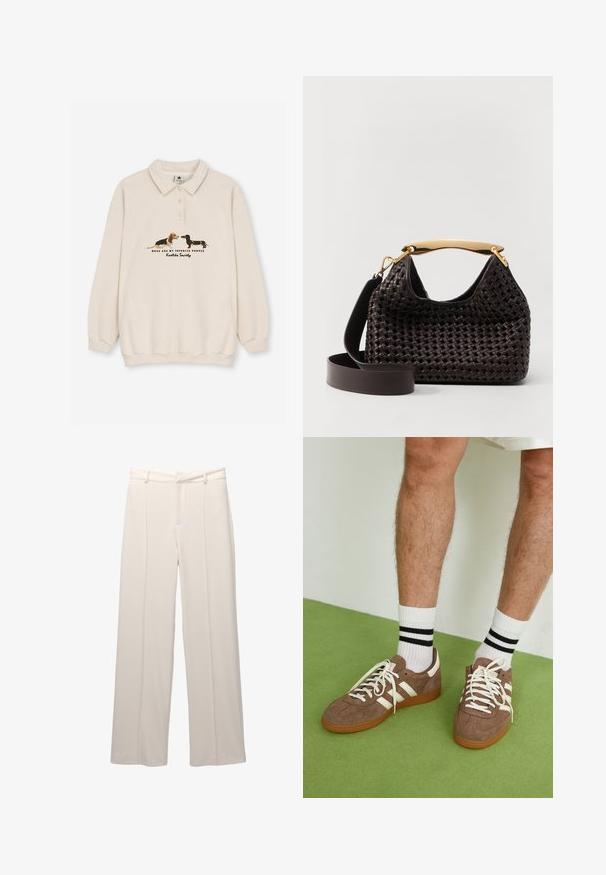 Kaotiko CREW PUPPIES UNISEX - Poloshirt - beige; Wijde broek in lichtbeige stof met een gladde textuur. Heeft een nauwsluitende tailleband, voorplooien en geen zichtbare zakken.; Bruine suède sneakers met witte accenten en veters. Rubberen gumzool. Draag met witte sokken met zwarte strepen. Groene gestructureerde vloer.; Elleme BOOMERANG WOVEN - Handtas - brown