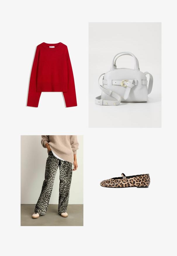 Maglione rosso con scollatura a girocollo, maniche lunghe e polsini e bordo a coste. Realizzato in tessuto morbido e texturizzato. Design corto.; Camicia bianca a maniche lunghe con colletto classico, pattina centrale con bottoni e tessuto liscio con orlo leggermente accorciato.; Pantaloni a stampa animale neri e grigi con design a gamba larga, realizzati in un tessuto morbido, abbinati a un maglione beige in maglia e scarpe leggere.; Ballet flat con stampa leopardata, caratterizzata da un accento nero attorno all'apertura e una piccola cinghia con fibbia metallica. Parte superiore in tessuto strutturato, suola piatta.; Borsa a mano in pelle grigia chiara con design strutturato, manici superiori e una tracolla removibile. Presenta dettagli in metallo dorato e un fiocco frontale.