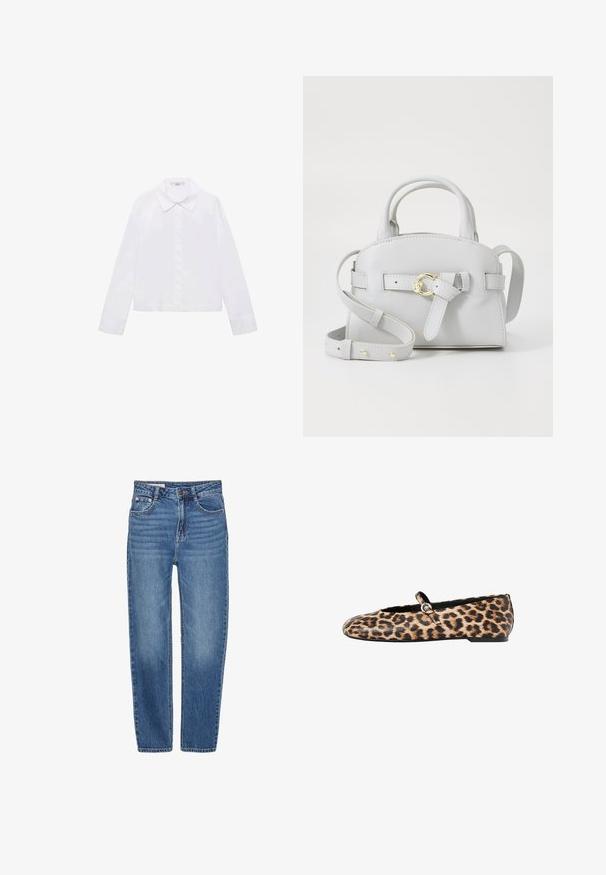 Rdeča pulover s krožno izrezom, dolgimi rokavi in rebrastimi manšetami ter robom. Narejen iz mehkega, teksturiranega materiala. Skrajšana zasnova.; Bela srajca z dolgimi rokavi, ki ima klasičen ovratnik, sredinski gumbasti zapinek in gladko tkanino z nekoliko skrajšanim robom.; Modri kavbojki s ravnim krojem, petimi žepi in visoko pasom. Imajo svetle madeže in kontrastno šivanje.; Baletne balerinke z leopardjim vzorcem, ki imajo črn poudarek okrog odprtine in majhen trak z kovinsko zaponko. Zgornji del iz teksturirane tkanine, ravna podplata.; Svetlo siva usnjena torbica s strukturirano obliko, zgornjima ročkama in odstranljivo naramnico. Ima zlat ton pohištvo in detajl z lokom spredaj.