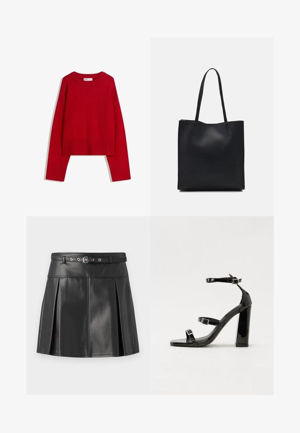 Piros pulóver kerek nyakkivágással, hosszú ujjal, bordás mandzsettával és hemel. Puha, textúrált anyagból készült. Rövidített fazon.; Fekete pliszírozott szoknya, műbőrből készült, illeszkedő derékkal és övből, ezüst színű díszítésekkel. Sima textúra.; Fekete lakk magas sarkú szandál négyzet alakú orral, bokapántokkal és ezüst csatokat tartalmaz. Masszív blokk sarka a stabilitásért felel.; Fekete bőrtáska sima felszínnel, téglalap alakú, két hosszú füllel. Nincs látható fémkiegészítő vagy díszítés.