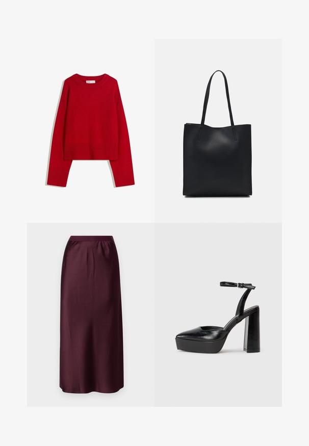 Piros pulóver kerek nyakkivágással, hosszú ujjal, bordás mandzsettával és hemel. Puha, textúrált anyagból készült. Rövidített fazon.; Gina Tricot ELASTIC MIDI SKIRT - Maxiszoknya - wine; Fekete platform magassarkú cipők hegyes orral és állítható bokapánttal. Sima bőrből készült, vastag talppal.; Fekete bőrtáska sima felszínnel, téglalap alakú, két hosszú füllel. Nincs látható fémkiegészítő vagy díszítés.