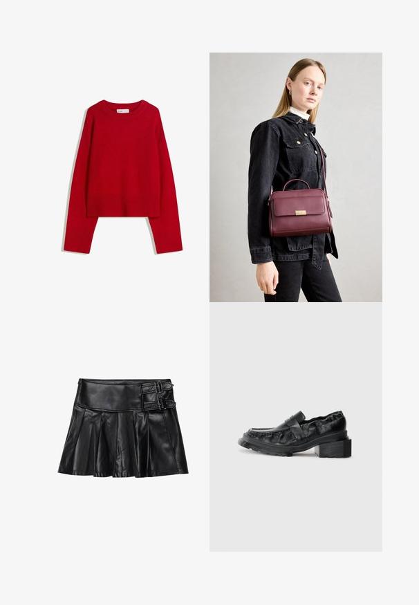 Punainen neulepusero, jossa on pyöreä kaula-auko, pitkät hihat ja ribbaustekniikalla valmistetut hihansuut ja helma. Valmistettu pehmeästä, teksturoidusta kankaasta. Lyhennetty malli.; Musta nahkahame, jossa on laskokset, leveä vyötärönauha ja kaksi solkea sivuilla. Sujuva rakenne, jossa on kiiltävä pinta.; Mustat nahkakengät, joissa on jämäkkä pohja, hieman korotettu lohkopohja ja teksturoitu pinta, jota pidetään paikallaan etuhihnalla.; Burgundin värinen nahkainen käsilaukku, jossa on kultainen solki, jämäkkä muoto, yläkahva ja säädettävä olkahihna. Mallilla on päällä farkkutakki.