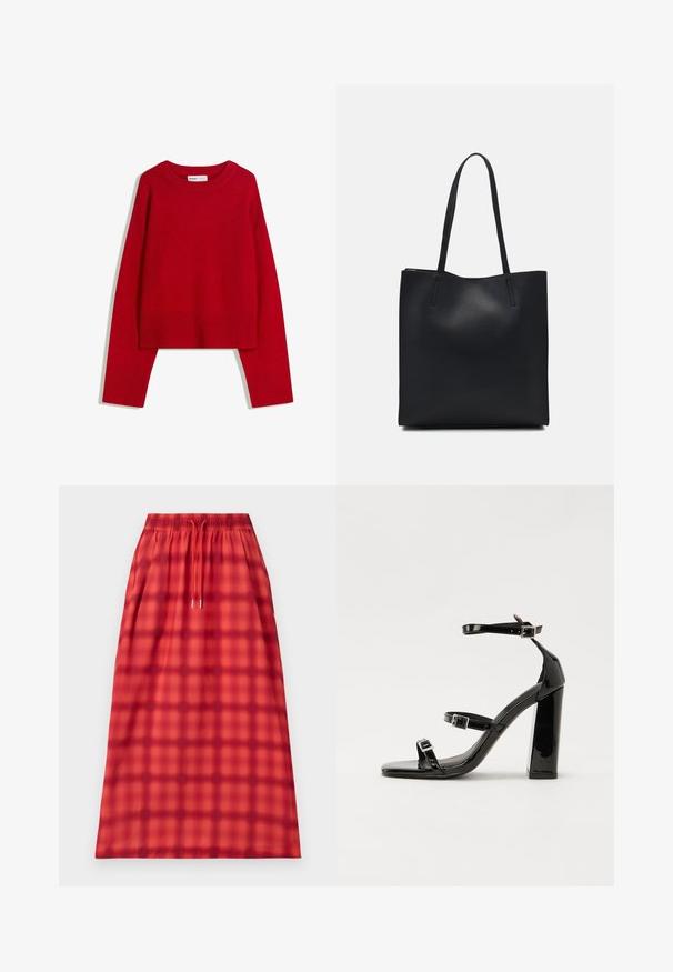 Piros pulóver kerek nyakkivágással, hosszú ujjal, bordás mandzsettával és hemel. Puha, textúrált anyagból készült. Rövidített fazon.; Piros kockás szoknya gumis derékkal és zsinórral. Simára kidolgozott textúrával és egyenes szabással rendelkezik. Nincs további díszítés.; Fekete lakk magas sarkú szandál négyzet alakú orral, bokapántokkal és ezüst csatokat tartalmaz. Masszív blokk sarka a stabilitásért felel.; Fekete bőrtáska sima felszínnel, téglalap alakú, két hosszú füllel. Nincs látható fémkiegészítő vagy díszítés.