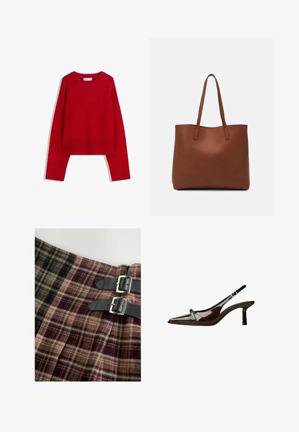 Pulover roșu cu guler rotund, mâneci lungi și manșete și margine ondulată. Fabricat dintr-un material moale, texturat. Design scurt.; Fustă în stil kilt din material tartan, având nuanțe de negru, bej și burgund. Include două curele din piele neagră cu catarame din argint.; Pantofii slingback din piele lăcuită maro, cu vârf ascuțit, toc mic și un accent decorativ sub formă de fundă în față. Textură netedă și strălucitoare.; Geantă de umăr din piele maro cu o textură netedă, design cu vârf deschis și două curele pentru umăr. Prezintă cusături minime și fără componente metalice vizibile.