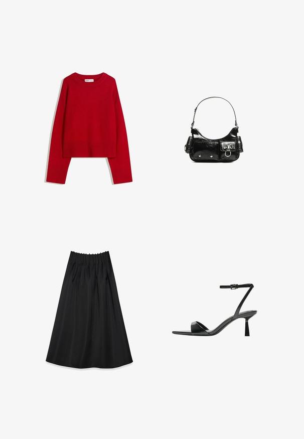 Rdeča pulover s krožno izrezom, dolgimi rokavi in rebrastimi manšetami ter robom. Narejen iz mehkega, teksturiranega materiala. Skrajšana zasnova.; Črna krila iz gladkega materiala z elastičnim pasom in nabornim dizajnom, ki sega do dolžine do sredine meč.; Bershka Sandali z visoko peto - black; Črna lakasta usnjena torbica s ukrivljeno obliko, enim ramenskim trakom, sprednjimi žepi in srebrnimi kovinskimi dodatki.