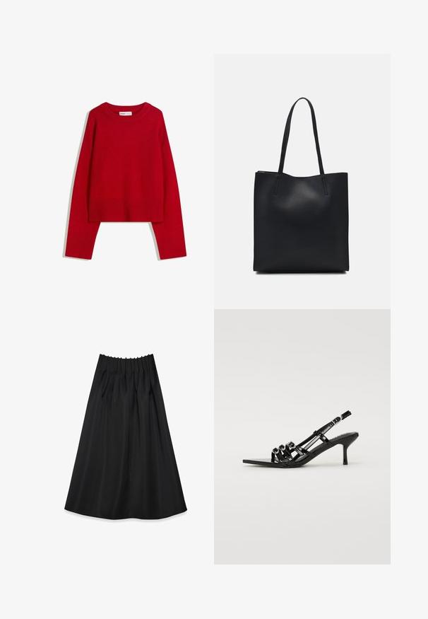 Červený sveter s okrúhlym výstrihom, dlhými rukávmi a rebrovanými manžetami a spodným okrajom. Vyrobený z mäkkej, textúrovanej látky. Krátky strih.; Čierna sukňa vyrobená z hladkej tkaniny s elastickým pásom a záhybmi, so splývavým strihom, ktorý zasahuje do polovice lýtok.; Čierne lodičky na podpätku so špicatou špičkou, ktoré majú niekoľko úzkych remienkov a kruhové akcenty na prednej strane.; Čierna kožená taška na rameno s hladkým povrchom, obdĺžnikovým tvarom a dvoma dlhými uchami. Bez viditeľného kovania alebo ozdôb.