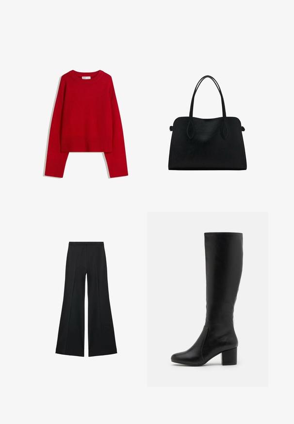 Červený svetr s kulatým výstřihem, dlouhými rukávy a žebrovanými manžetami a lemem. Vyrobeno z měkké, texturované tkaniny. Krátký střih.; Černé kalhoty s širokými nohavicemi a hladkou texturou, s předními sklady a přizpůsobeným střihem. Materiál je lehký a splývavý.; Černé kožené boty do výšky kolen s hladkým povrchem, zaoblenou špičkou, bočním panelem a robustním blokovým podpatkem.; Černá kožená kabelka s dvojitými ramenními popruhy, obdélníkový tvar a minimalistický design na bílém pozadí.