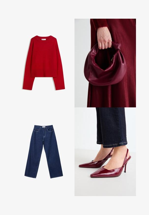 Rdeča pulover s krožno izrezom, dolgimi rokavi in rebrastimi manšetami ter robom. Narejen iz mehkega, teksturiranega materiala. Skrajšana zasnova.; Široke temno modre kavbojke z gumbom, petimi žepi in kontrastnim belim šivanjem. Tkanina ima gladko, rahlo teksturirano površino.; Burgundske lakirane salonarice s povučenim petama in ozkim stiletto petam, ki imajo odprto peto in minimalističen dizajn.; Bordo usnjeni ročni torbici s mehak, nabrana zasnova in okrogla oblika. Ročaj je varen in prikazuje gladko teksturo.