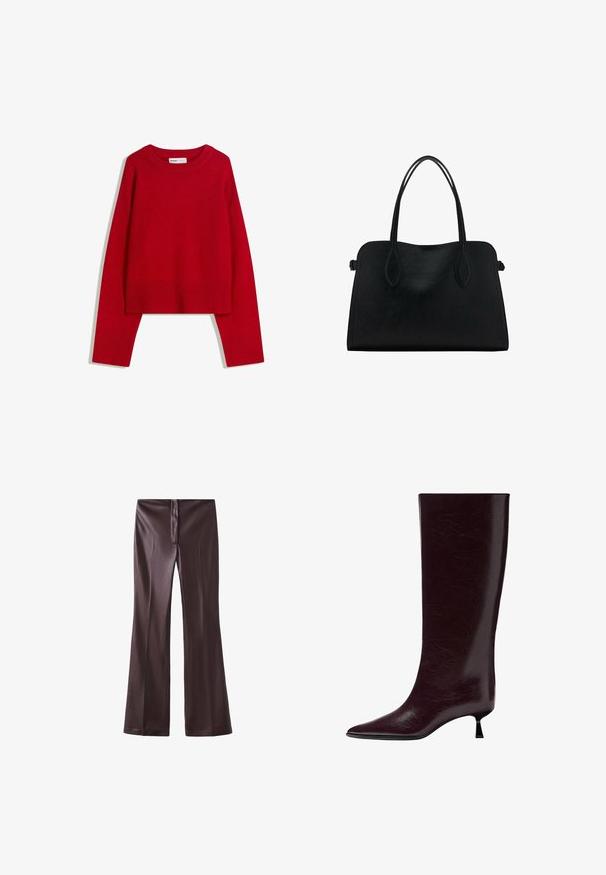 Punainen neulepusero, jossa on pyöreä kaula-auko, pitkät hihat ja ribbaustekniikalla valmistetut hihansuut ja helma. Valmistettu pehmeästä, teksturoidusta kankaasta. Lyhennetty malli.; Ruskeat levenevät housut, jotka on valmistettu sileästä kankaasta, jossa on kiiltävä viimeistely. Varusteena edessä vetoketju ja siisti vyötärönauha.; Polvisteinen burgundinpunainen nahkasaapas, jossa on tyylikäs, teksturoitu pinta, terävä kärki ja ohut, pinottu korko lisä korkeuden vuoksi.; Mustavihreä nahkalaukku, jossa on kaksinkertaiset olkahihnat, suorakaiteen muotoinen ja minimalistinen muotoilu valkoisella taustalla.
