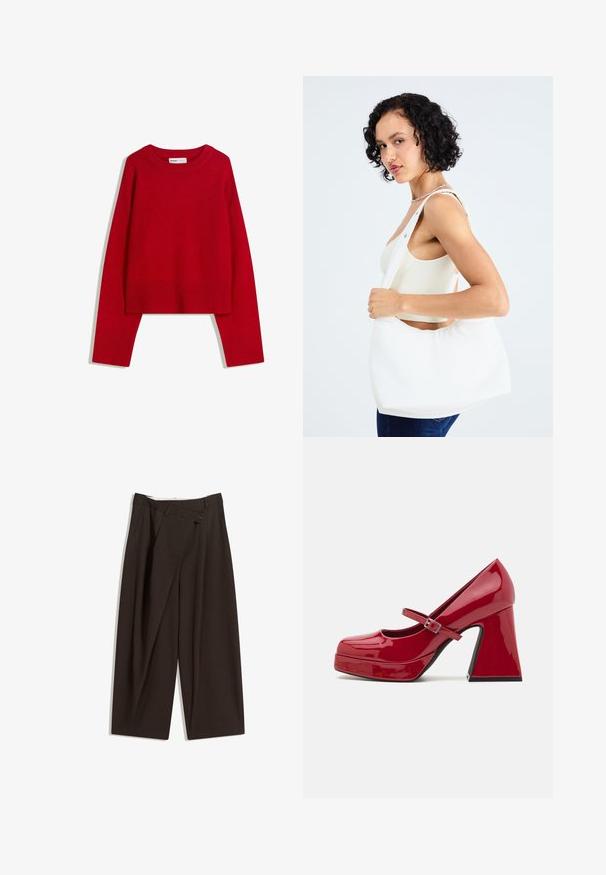 Crvena majica s okruglim izrezom, dugim rukavima i rebrastim rubovima i donjim dijelom. Izrađena od mekanog, teksturiranog materijala. Skraćeni dizajn.; Tamno smeđe široke hlače s visokim strukom, s jednim dugmadi na zakopčavanju i pregibom sprijeda. Izrađene od laganog materijala.; Crvena lakirana Mary Jane cipela na visokom petu s okruglim vrhom, platformom sprijeda, remenom s kopčom i oblikovanom blok petom.; Bijela torba preko ramena izrađena od glatkog materijala, sa ovalnim izrezom i širokim remenom. Jednostavna i moderna, bez vidljivih metalnih dijelova.