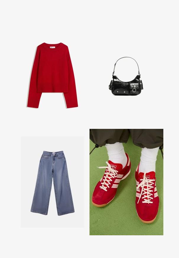 Pulover roșu cu guler rotund, mâneci lungi și manșete și margine ondulată. Fabricat dintr-un material moale, texturat. Design scurt.; Jeans din denim cu picioare largi într-o nuanță de albastru deschis, având talie înaltă, buzunare frontale și închidere cu nasture și bucle pentru curea.; Pantofi atletici din suede roșu și plasă, cu dungi și șireturi albe. Talpă din cauciuc. Purtați cu sosete albe cu dungi pe o suprafață texturată verde.; Geantă de mână din piele lăcuită neagră, cu o formă curbată, un umăr, buzunare frontale și accente din metal argintiu.