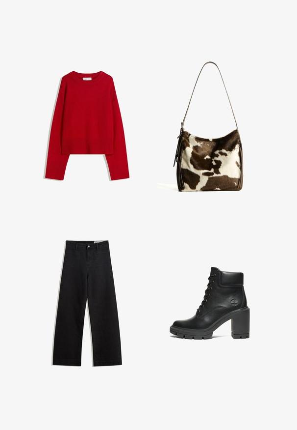 Maglione rosso con scollatura a girocollo, maniche lunghe e polsini e bordo a coste. Realizzato in tessuto morbido e texturizzato. Design corto.; Pantaloni in denim neri a gamba larga con vita alta, dotati di tasche anteriori e posteriori, cuciture a punto, e chiusura con bottone. Texture liscia.; Stivale alla caviglia in pelle nera con un tacco spesso, design con lacci e suola in gomma testurizzata; presenta un piccolo logo in rilievo sul lato.; Borsa a spalla in pelle bovina marrone e crema con tracolla in pelle liscia, chiusura con zip e superficie morbida e testurizzata con un motivo naturale.