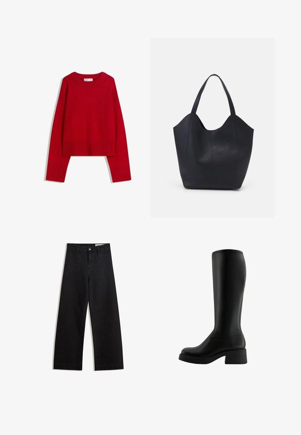 Piros pulóver kerek nyakkivágással, hosszú ujjal, bordás mandzsettával és hemel. Puha, textúrált anyagból készült. Rövidített fazon.; Fekete, bő szabású farmernadrág magas derékkal, elülső és hátsó zsebekkel, varrott felületekkel és gombos záródással. Sima textúra.; Térd fölötti fekete csizmák sima szintetikus anyagból, négyzetes tömbsarokkal és minimalista varrásokkal a letisztult megjelenés érdekében.; Fekete tote táska sima bőrből, ívelt, nyitott tetővel és két vállpánttal, minimális dizájnnal.