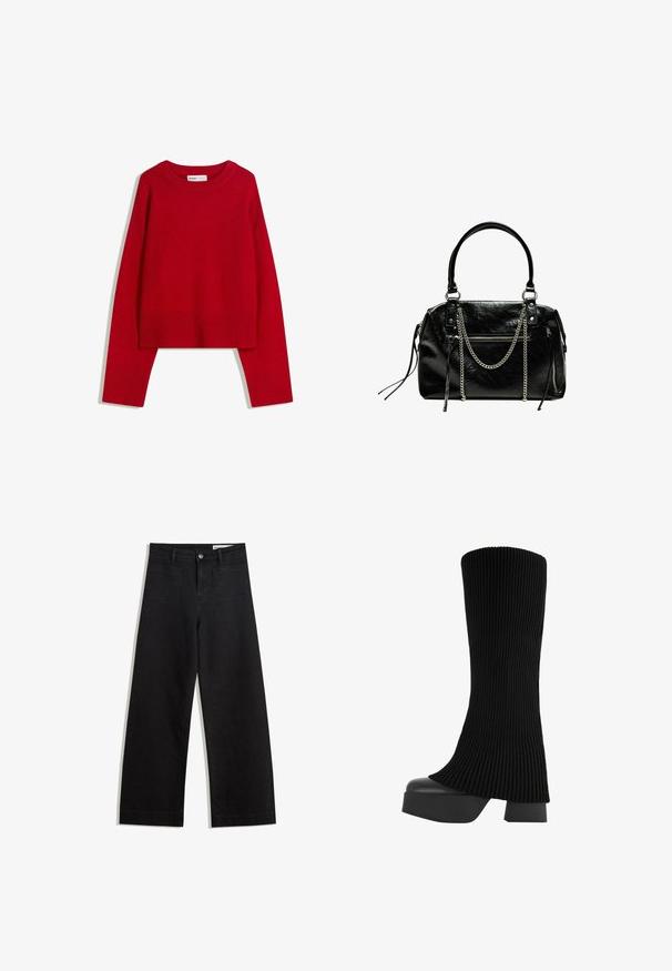 Rdeča pulover s krožno izrezom, dolgimi rokavi in rebrastimi manšetami ter robom. Narejen iz mehkega, teksturiranega materiala. Skrajšana zasnova.; Črne široke denim hlače z visokim pasom, ki imajo sprednje in zadnje žepe, šivane šive ter gumbasto zapiranje. Gladka tekstura.; Črne škornje do kolen z raščlenjeno zgornjo plastjo iz blaga, debelim platformskim podplatom in blok peto, ki ima gladko teksturo in eleganten, sodoben dizajn.; Bershka WITH CHAIN - Torbica - black