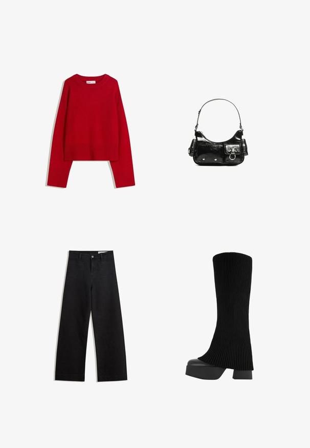 Červený svetr s kulatým výstřihem, dlouhými rukávy a žebrovanými manžetami a lemem. Vyrobeno z měkké, texturované tkaniny. Krátký střih.; Černé denimové kalhoty s volným střihem a vysokým pasem, vybavené předními a zadními kapsami, prošívanými švy a knoflíkovým zapínáním. Hladká textura.; Černé kozačky do poloviny stehen se ribbovaným textilním svrškem, robustní platformou a blokovým podpatkem, s hladkou strukturou a elegantním, moderním designem.; Černá lakovaná kožená kabelka s křivkovým tvarem, jedním ramenním popruhem, předními kapsami a stříbrnými kovovými detaily.