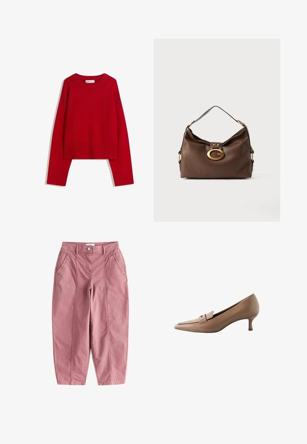 Rode trui met een ronde halslijn, lange mouwen en ribgebreide manchetten en zoom. Gemaakt van zachte, gestructureerde stof. Verkorte ontwerp.; Roze katoenen broek met een hoge taille, voorzakken en taps toelopende pijpen. Kenmerkt zichtbare stiksels en een knoopsluiting bij de taille.; Beige leren pump met spitse neus en een lage hak, met een decoratieve band en gesp over de wreef. Gladde textuur, stijlvolle vormgeving.; Bruine leren handtas met een textuurafwerking, voorzien van een gouden sluiting en een enkele, gebogen schouderriem.