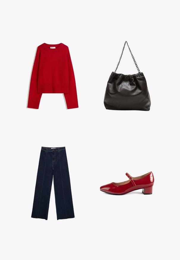Maglione rosso con scollatura a girocollo, maniche lunghe e polsini e bordo a coste. Realizzato in tessuto morbido e texturizzato. Design corto.; Pantaloni in denim scuro a gamba larga con cuciture a contrasto, vita alta e taglio dritto. Presentano tasche anteriori e una chiusura classica con bottone.; Scarpa Mary Jane in vernice rossa con punta arrotondata, tacco basso e bloccato, e cinturino regolabile con un piccolo dettaglio a fibbia.; Borsa in pelle marrone con parte superiore arricciata e tracolla a catena. Texture liscia con finitura lucida e dettagli di cucitura sottili sui lati.