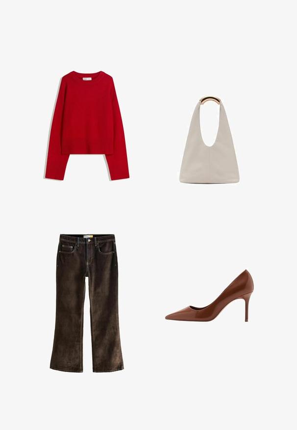 Rode trui met een ronde halslijn, lange mouwen en ribgebreide manchetten en zoom. Gemaakt van zachte, gestructureerde stof. Verkorte ontwerp.; Bruine ribfluwelen bootcut jeans met contrasterende gele stiksels, vijf zakken en een knoopsluiting bij de taille.; Mango Hoge hakken - cognac; Lichtgrijze leren tas met een U-vormig ontwerp en een gebogen metalen handvat. Glad oppervlak met minimale stiksels en geen zichtbare patronen.