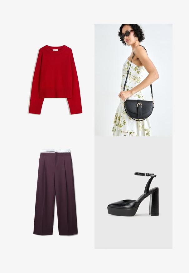 Red sweater with a crew neckline, long sleeves, and ribbed cuffs and hem. Made of soft, textured fabric. Cropped design.; Wide-leg dark purple trousers with front pleats and a white waistband featuring thin horizontal stripes.; Black platform heels with a pointed toe and adjustable ankle strap. Constructed from smooth leather, featuring a chunky block heel.; Black leather handbag with a curved shape, detachable strap, and gold hardware. The bag features a flap with a buckle detail.