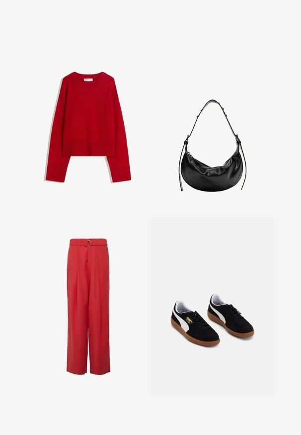Roter Pullover mit Rundhalsausschnitt, langen Ärmeln und gerippten Bündchen und Saum. Aus weichem, strukturiertem Stoff gefertigt. Kürzeres Design.; Rote weite Hosen aus leichtem Stoff, mit hohem Bund, einem Gürtel und silberfarbenen Beschlägen sowie Falten an der Vorderseite.; Schwarze Wildleder-Sneaker mit einem weißen Seitenstreifen, Schnürdesign und Gummilaufsohle. Goldenes Logo-Detail an der Seite.; Schwarze Leder-Handtasche mit einer Halbmondform, glatter Oberfläche und verstellbarem Tragegurt, mit subtilen Hardware-Details. Sichtbarer Reißverschluss.