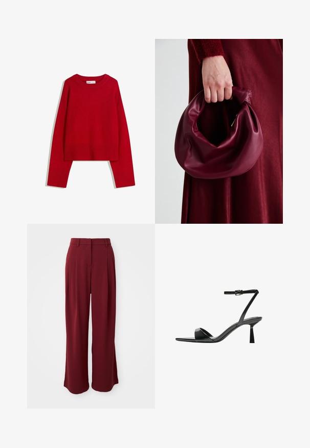 Piros pulóver kerek nyakkivágással, hosszú ujjal, bordás mandzsettával és hemel. Puha, textúrált anyagból készült. Rövidített fazon.; Bordó, bő szárú nadrág plisszírozással, sima anyagból készült. Lapostermészetű derékrésszel rendelkezik, és nincsenek látható zsebei.; Bershka Magas sarkú szandálok - black; Burgundi bőrtáska puhán ráncolt dizájnnal és kerek alakban. A fogantyú rögzítve van, sima textúrával rendelkezik.