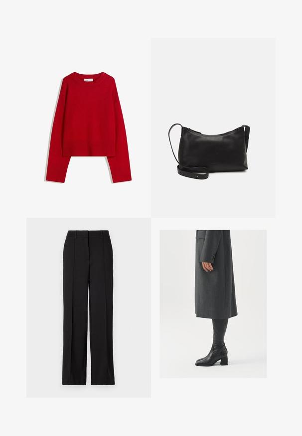 Červený sveter s okrúhlym výstrihom, dlhými rukávmi a rebrovanými manžetami a spodným okrajom. Vyrobený z mäkkej, textúrovanej látky. Krátky strih.; Čierne nohavice so striktným strihom, s dvoma prednými záhybmi, pásom a bez viditeľných vreciek či ozdôb.; Sivý, strihovo upravený kabát so rovnými líniami; doplnený o čierne kožené čižmy po kolená s štvorcovou špičkou a robustným podpätkom.; Čierna kožená ramenná taška s hladkou textúrou, zakriveným tvarom, nastaviteľným popruhom a zipsom. Minimalistický dizajn bez ozdôb.