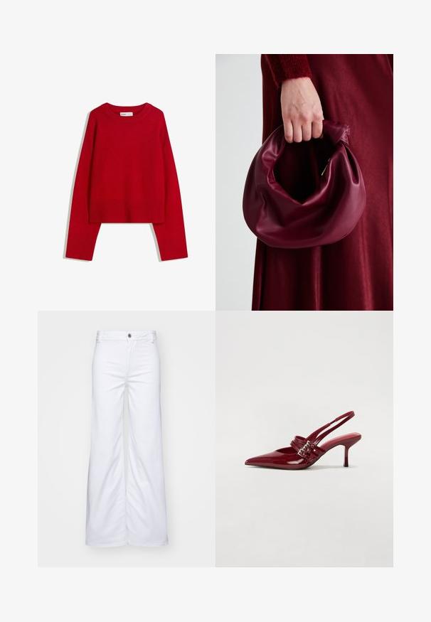 Pulover roșu cu guler rotund, mâneci lungi și manșete și margine ondulată. Fabricat dintr-un material moale, texturat. Design scurt.; Pantaloni albi cu picior larg din denimul, având închidere cu nasture și curea. Textură netedă, cu cusături curate și fără modele.; Pantofi cu toc slingback din piele roșie lacuită, cu vârf ascutit, două curele cu cataramă și un toc subțire, de înălțime medie. Textură netedă.; Geantă de mână din piele burgundă, cu un design moale și pliat și o formă rotundă. Mânerele sunt securizate, evidențiind o textură netedă.