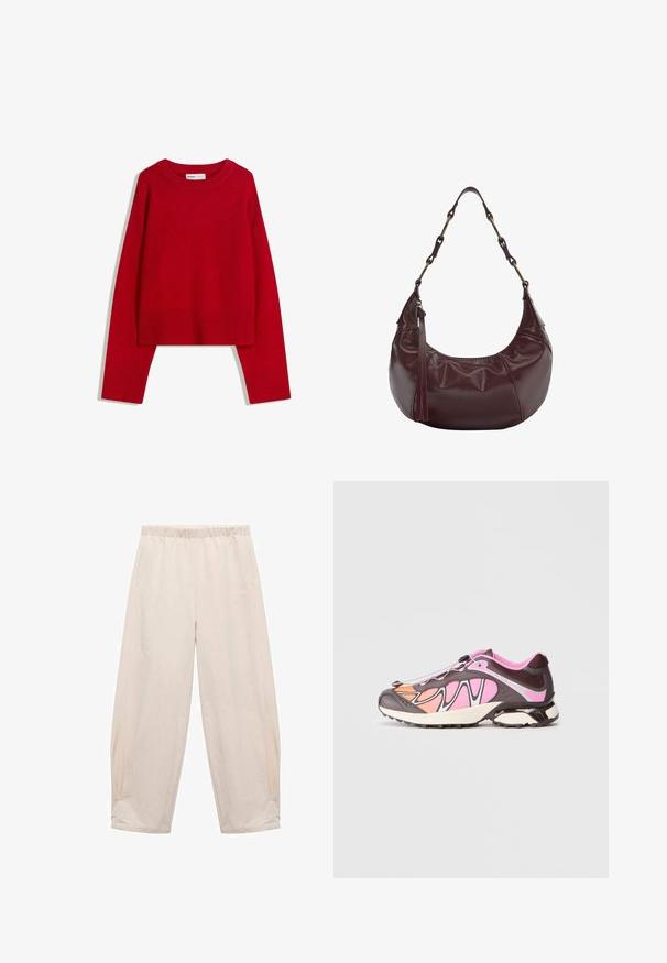 Červený svetr s kulatým výstřihem, dlouhými rukávy a žebrovanými manžetami a lemem. Vyrobeno z měkké, texturované tkaniny. Krátký střih.; Kalhoty s elastickým pasem v světle béžové. Vyrobené z měkké tkaniny s bočními kapsami a uvolněným, volným střihem. Zúžené u kotníků.; Sportovní obuv s kombinací tmavě hnědé, růžové a oranžové barvy. Hladká tkanina a texturované panely s černým upevňovacím systémem.; Burgundská kožená kabelka s kulatým tvarem, řetízkem a koženým popruhem, se sklady a zipovým uzávěrem na boku.