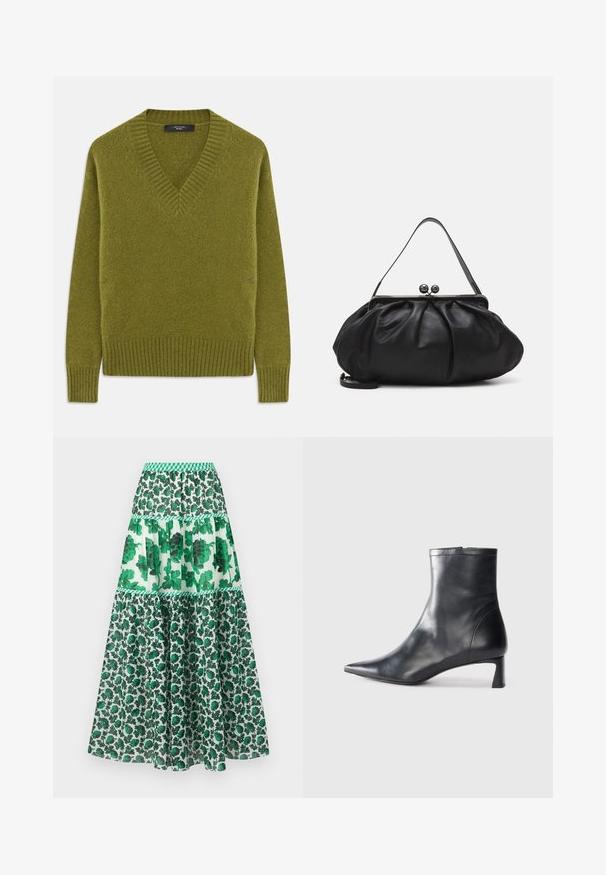 Pulover verde cu decolteu în V, fabricat din material moale și texturat. Are manșete și tiv cu nervuri, cu o croială lejeră și un design minimalist.; Fustă maxi cu model verde, dotată cu un brâu elastic. Prezintă un design stratificat cu imprimeuri florale și nuanțe variate de verde.; Cizmă de gleznă din piele neagră cu vârf ascuțit și un design elegant. Dispune de un toc mic și de o închidere cu fermoar la spate. Textură netedă.; Geantă de umăr din piele neagră, cu un design rotund și pliat. Dispune de un închizător metalic cu două bile decorative și o curea subțire, detașabilă.