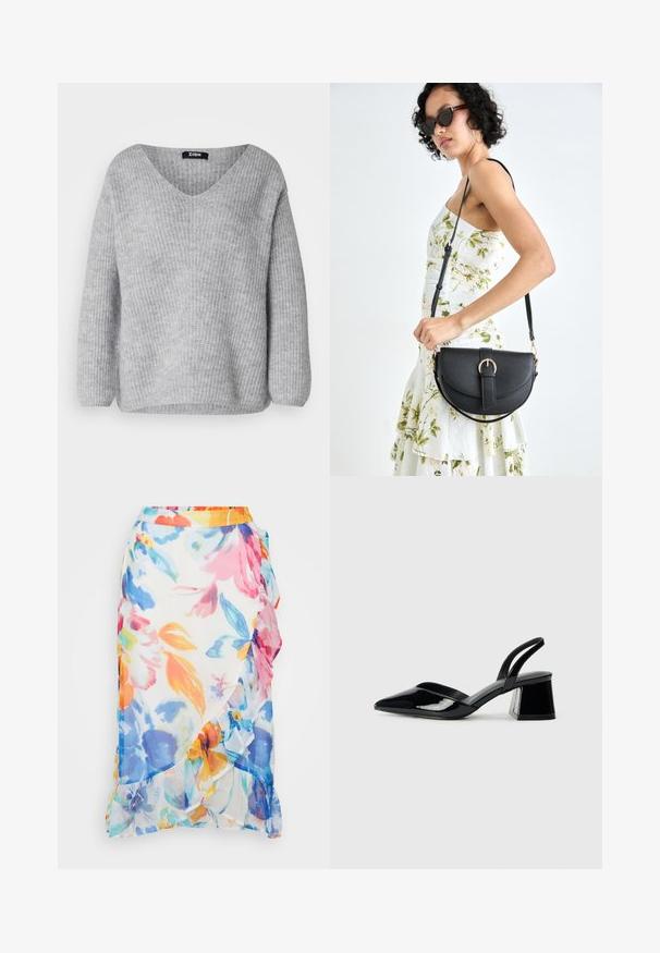 Pelēks adīts džemperis ar V veida kakla izgriezumu un garām piedurknēm. Iezīmē ribotu struktūru un brīvu piegriezumu, piemērots kārtotai nēsāšanai.; Ziedu iepakojuma svārki vieglā, caurspīdīgā audumā. Ar spilgtiem, daudzkrāsainiem ziediem, viļņotu apakšmalu un kontrastējošu oranžu jostu.; Melna lakota āda ar atvērto papēdi, ar smailu purngalu un ģeometrisku blokpapēdi. Iezīmējas elegants, minimāls dizains un gluda tekstūra.; Melnas ādas rokassoma ar izliekta formu, noņemamu siksnu un zelta aksesuāriem. Somai ir vāciņš ar sprādzes detaļu.