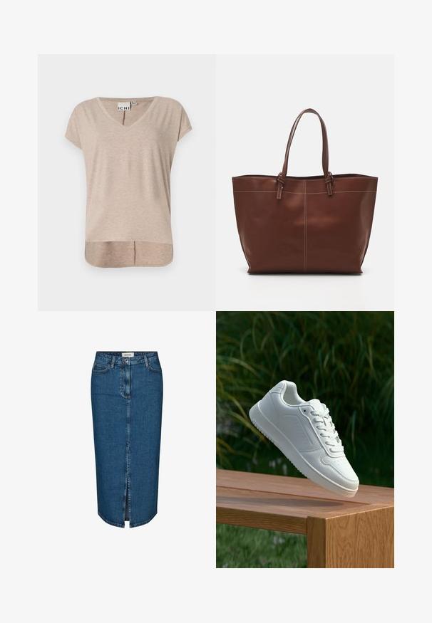 Svetlo béžový sveter z jemnej, textúrovanej látky. Má výstrih do V, dlhé rukávy a bočné rázporky pre pohodlie. Jednoduchý, minimalistický dizajn.; Bežové tričko s krátkym rukávom a výstrihom do V, s rovnými líniami a vysokým zadným lemom. Vyrobené z jemného, ľahkého materiálu s jemným heather vzorom.; Džínová sukňa nastavujúca na ceruzku v tmavomodrej farbe, s predným rozparkem, piatimi vreckami a kontrastným prešívaním. Stredne vysoký pás s klasickým dizajnom.; Biele tenisky s hladkým syntetickým zvrškom, perforovanou špičkou, plochými šnúrkami a textúrovanou podrážkou, vystavené na drevenej ploche.; Hnedá kožená taška s dvojitými uchami, so kontrastným prešívaním a priestranným dizajnom, ideálna na každodenné použitie.