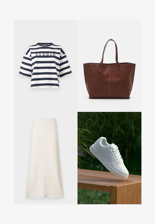 Světle béžový svetr z měkké, texturované látky. Obsahuje výstřih do V, dlouhé rukávy a boční rozparky pro pohodlí. Jednoduchý, minimalistický design.; Pruhované tričko v námořnické modři a bílé barvě, se zaobleným výstřihem a krátkými rukávy. Uprostřed je vyšívaný nápis "STUDIO". Ležérní střih.; Sukně z krémové osušky po kolena, vyrobená z texturované tkaniny, s ribbovaným pasem a volným, splývavým střihem.; Bílé tenisky s hladkým syntetickým svrškem, perforovanou špičkou, plochými tkaničkami a texturovanou podrážkou, vystavené na dřevěném povrchu.; Hnědá kožená taška přes rameno s dvojitými uchy, s kontrastním prošíváním a prostorným designem, vhodná pro každodenní použití.