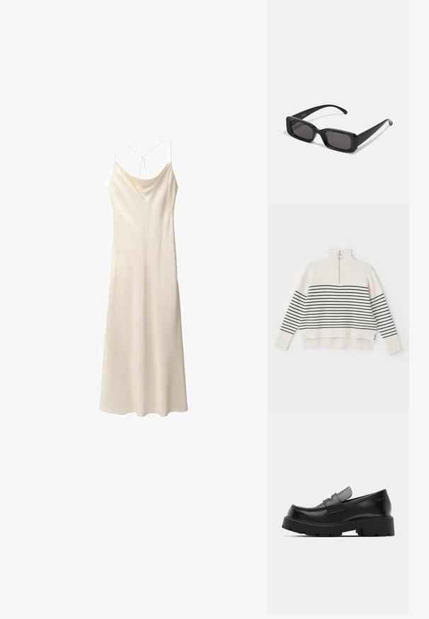 Bijeli rebrasti pulover s visokim ovratnikom, sa crnim vodoravnim prugama i pola zatvaračem na ovratniku. Završeno s opuštenim fitom.; Satin haljina na slip sedefaste boje, s tankim trakama, vratom u obliku kapi i ležernim krojem koji seže do sredine tele, glatke teksture s suptilnim sjajem.; Crne kožne mokasine s debelim teksturiranim potplatom, s trakicom preko prednjeg dijela i glatkom, poliranom završnom obradom.; Crne pravokutne sunčane naočale s tamnim lećama, sjajnim završetkom, širokim drškama i masivnim okvirom. Ugraviran naziv branda na jednoj dršci.