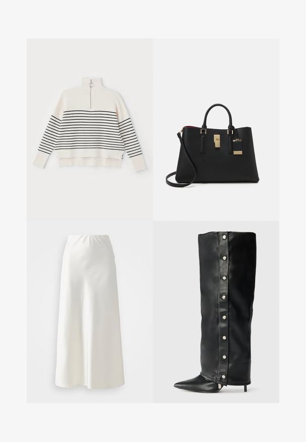 Fehér bordázott pulóver magas nyakkal, fekete vízszintes csíkokkal és fél cipzárral a gallérnál. Lazán illeszkedő fazonnal.; Két fekete és fehér top; mindkettő vékony, állítható pántokkal, sima textúrával és egyszerű, egyenes szabású dizájnnal rendelkezik.; Fehér, bokáig érő szoknya sima, fényes anyagból, rugalmas derékpánttal és légies siluettel, egyszerű, díszítetlen dizájnnal.; Fekete bőr, magas sarkú csizmák, amelyek illeszkedő kialakítással, hegyes orral és ezüst színű patentgombokkal rendelkeznek az oldalukon.; Fekete szintetikus kézitáska textúrázott felülettel, arany színű fémrészletekkel, lakat részlettel és levehető vállpánttal. Belseje piros.; Eternity gyűrű fényes ezüstből, amelyet egy sor kör alakú, tiszta cirkónium-dioxid kő díszít, foglalatba állítva, folytonos formatervezést bemutatva.
