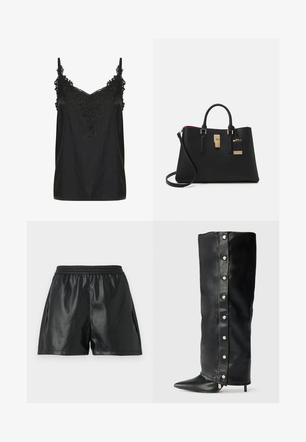 Valge ribaga sviiter kõrge kaelusega, millel on mustad horisontaalsed triibud ja poolepikune tõmblukk krae juures. Lõppviimistlus on lõdva istuvusega.; Musthave mustripi v-kaelusega must tops, millel on kaunis pitsist detail kaeluse ümber. Omab õhukesi rihmasid ja pehmet, kerget kangast.; Mustast faux nahast lühikesed püksid, millel on elastne vöökoht, sujuva tekstuuri ja vabalt istuv disain. Pole nähtavaid mustreid ega aksessuaare.; Mustad mustad kõrged kontsad, mis on valmistatud mustast nahast, silueti disainiga, terava nina ja hõbedaste nööpidega aksessuaaride abil külgedel.; Must värviline sünteetiline käekott tekstureeritud pinnaga, kuldne riistvara, lukuga detail ja eemaldatav õlarihm. Sisemisel voodril on punane värv.