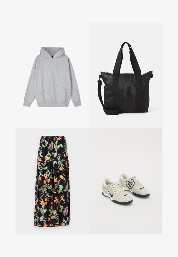 Gray hooded sweatshirt made of cotton blend, featuring a front pocket and ribbed cuffs. The word "PEGADORE" displayed on the chest in white.; Black floral maxi skirt with orange and pink flowers, green leaves, elastic waistband, and tiered design. Lightweight fabric with a flowing texture.; Nike sneakers with a beige and gray textured upper, black accents, a large "90" logo, and a white lace-up closure. Black sole.; Black tote bag with textured fabric, dual top handles, and a detachable shoulder strap. Features a zippered closure for secure storage.
