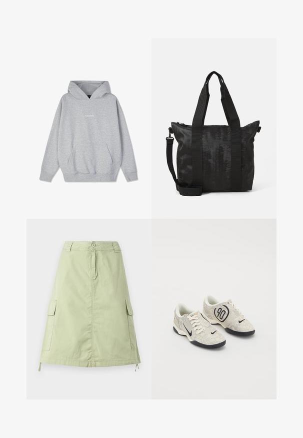 Harmaa huppari, joka on valmistettu puuvillasekoitteesta, ja siinä on etutasku sekä ribbireunukset. Rinnassa on valkoisella tekstillä sana "PEGADORE".; Vaaleanvihreä puuvillainen polvipituinen hame, jossa on kaksi sivutaskua, nappisulku ja rento suora malli. Yksinkertainen kuvio.; Nike lenkkarit, joissa on beigen ja harmaan sävyinen teksturoitu päällinen, mustia yksityiskohtia, suuri "90" logo ja valkoinen nauhakiinnitys. Musta pohja.; Mustat olkalaukku, jossa on teksturoitu kangas, kaksinkertaiset yläkahvat ja irrotettava olkahihna. Varustettu vetoketjulla turvalliseen säilytykseen.