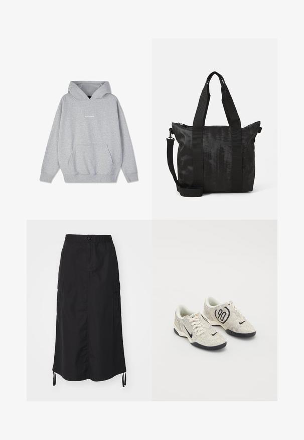 Gray hooded sweatshirt made of cotton blend, featuring a front pocket and ribbed cuffs. The word "PEGADORE" displayed on the chest in white.; Black mid-length skirt made of lightweight fabric. Features an elastic waistband, button closure, and side pockets with drawstring accents.; Nike sneakers with a beige and gray textured upper, black accents, a large "90" logo, and a white lace-up closure. Black sole.; Black tote bag with textured fabric, dual top handles, and a detachable shoulder strap. Features a zippered closure for secure storage.