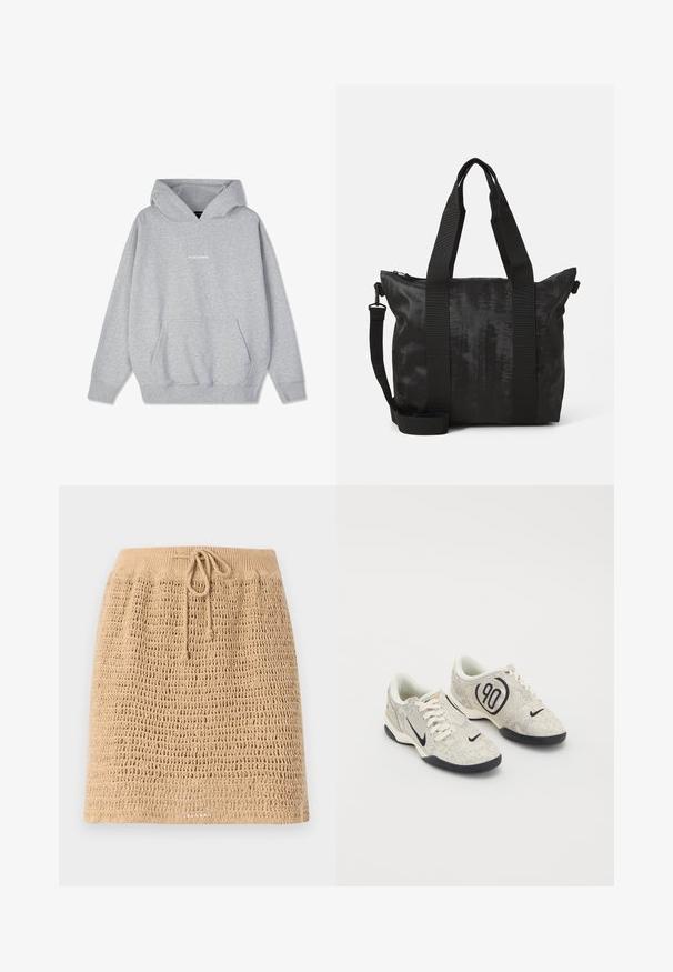 Grå hættebluse lavet af en bomuldsblanding, med en lommeslids foran og ribbede manchetter. Ordet "PEGADORE" vises på brystet i hvid.; Strikket beige nederdel med et struktureret, åbent vævdesign. Har en snor i taljen for justerbarhed. Kantlinjen er lige.; Nike sneakers med en beige og grå tekstureret overdel, sorte accenter, et stort "90" logo og en hvid snørebåndslukning. Sort sål.; Sorte tote taske med tekstureret stof, dobbelt topremme og en aftagelig skulderrem. Har en lynlåslukning for sikker opbevaring.